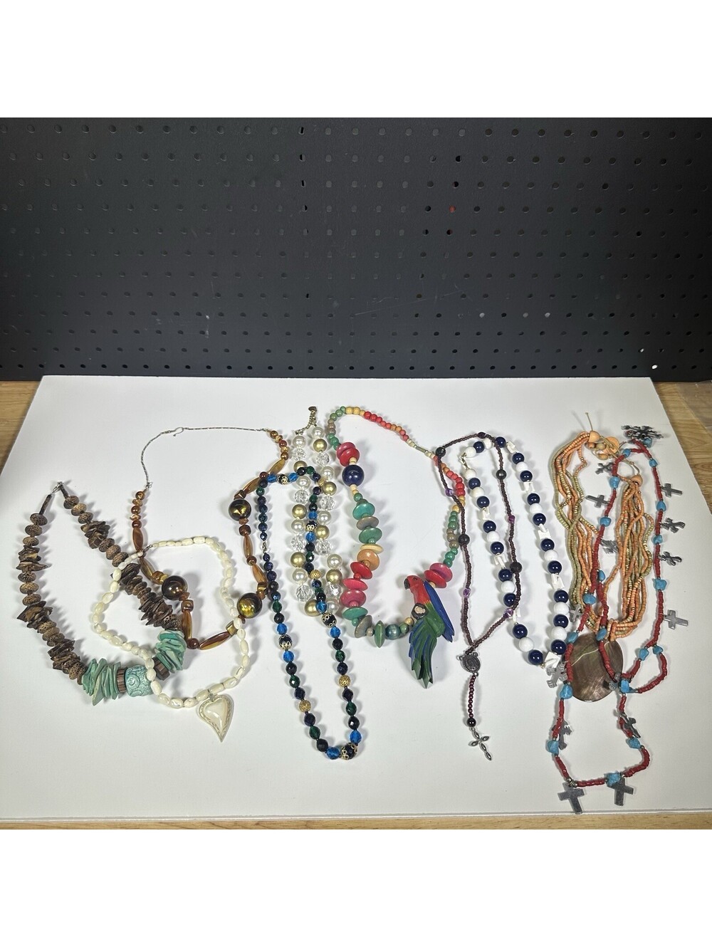 Vintage Boho Beaded Necklace Lot 10 Wood Shell Glass Crystal Cross Parrot